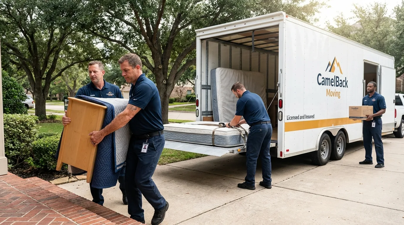 Crew loading residential truck for cross-state move from Elgin, TX