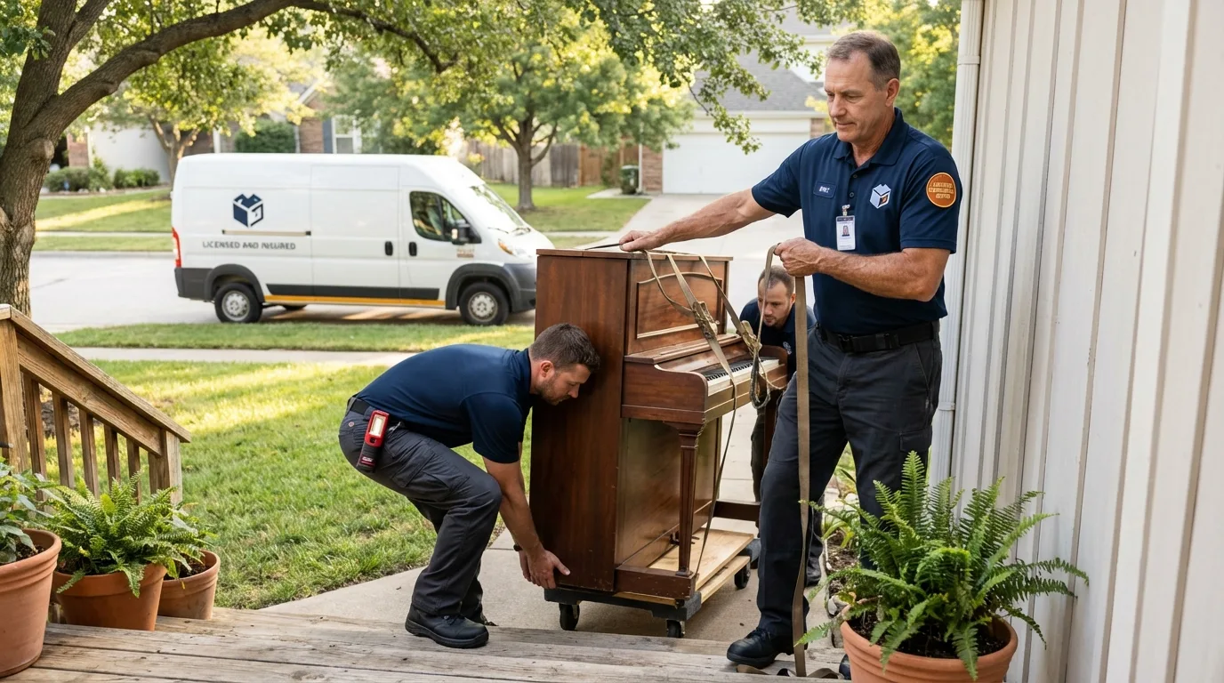 Licensed piano movers securing grand piano in Elgin, TX