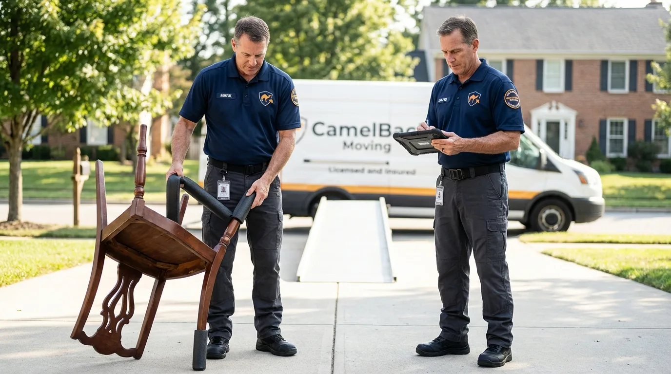 Movers inspecting furniture for damage prevention before loading in Elgin, TX