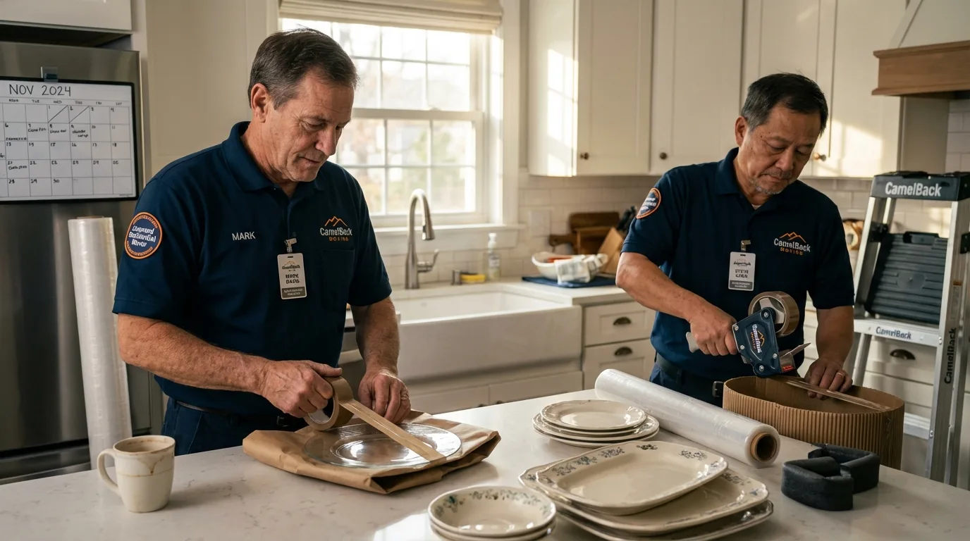 Professional crew packing kitchen dishware in Elgin, TX